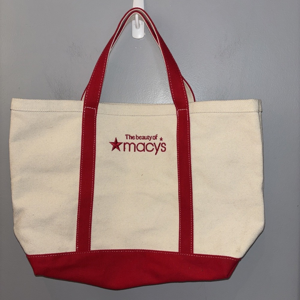 Macy's Beauty Heavy-Duty White Red Canvas Shoulder Tote Bag Travel Beach Bag